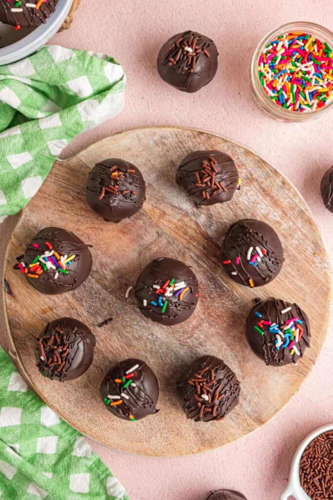 chocolate buttercream truffle cut open showing the creamy filling inside