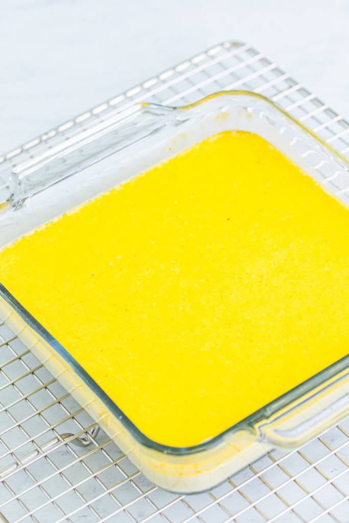 finished creme brulee custard in a baking dish with a smooth, set surface