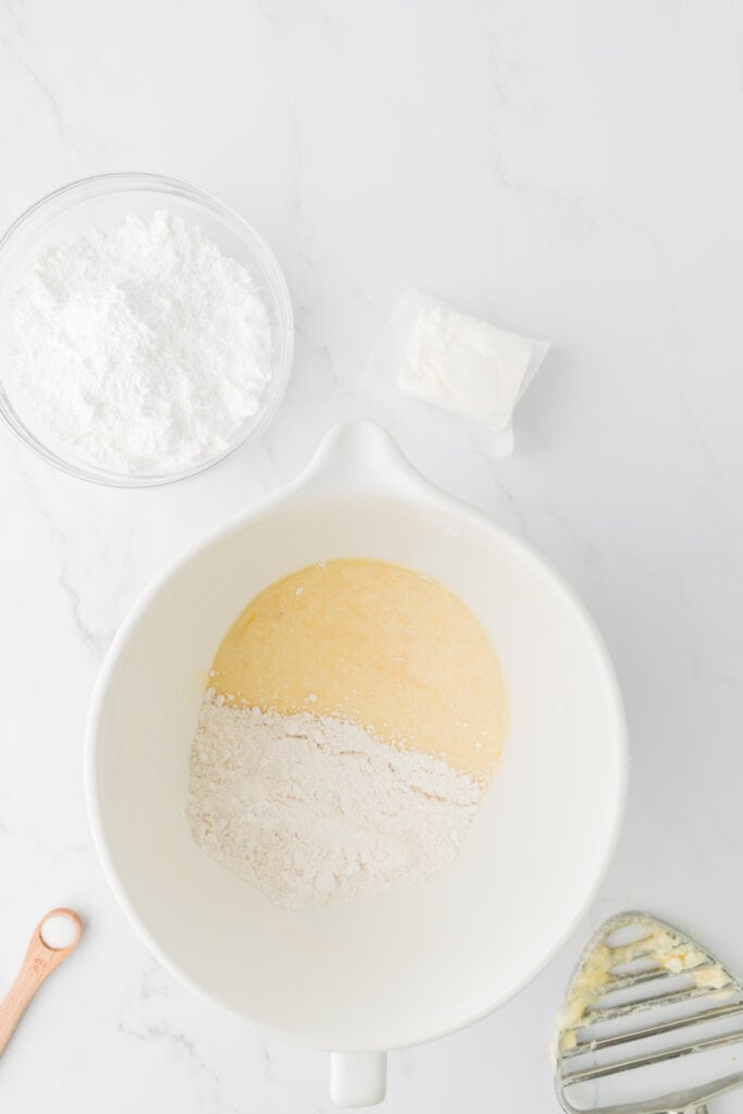 remaining flour mixture being added to the wet ingredients