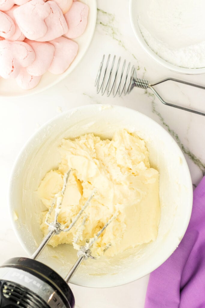 vanilla buttercream filling whipped smooth and creamy in a mixing bowl