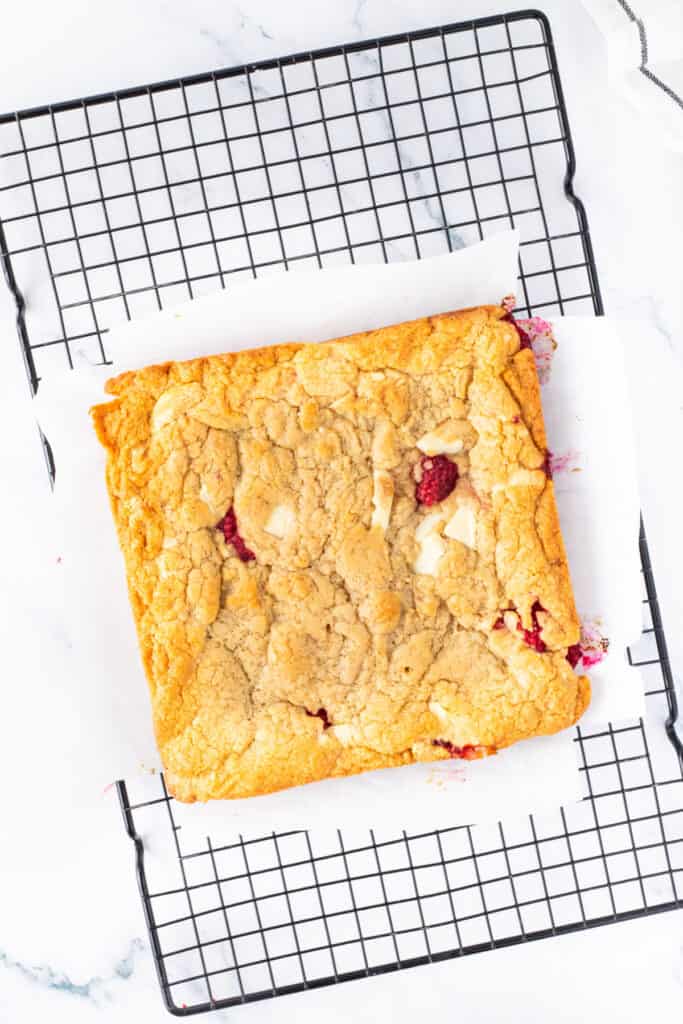 Overhead view of baked white chocolate raspberry blondies resting on parchment paper