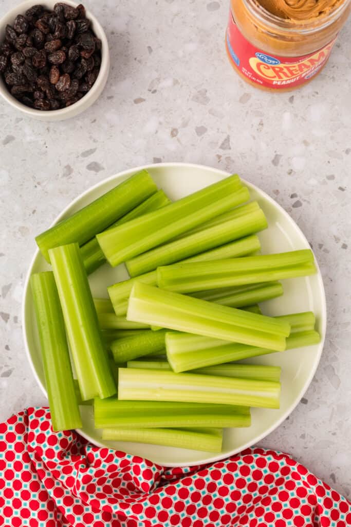 cut celery pieces arranged on a plate with raisins and peanut butter nearby