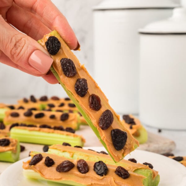 square image of celery sticks with peanut butter and raisins arranged on a board