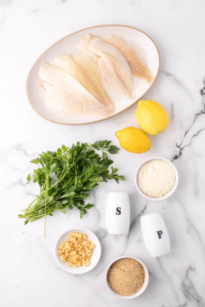 raw flounder fillets on a plate with lemons, parsley, minced garlic, breadcrumbs, and salt and pepper shakers on a marble surface