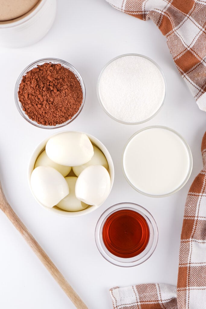 ingredients for chocolate pudding including eggs, cocoa powder, sugar, milk, and vanilla extract on a white surface