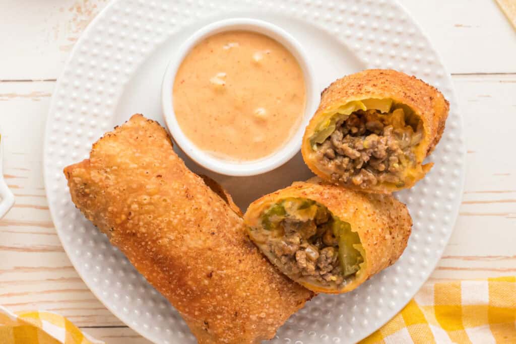 plate of crispy Big Mac Egg Rolls with dipping sauce