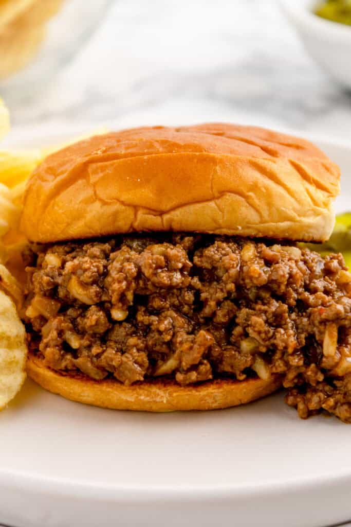gumbo sloppy joe sandwich on a bun with potato chips and pickle slices on a plate