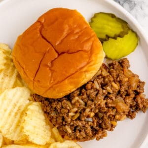 gumbo sloppy joe sandwich with chips and pickles on a white plate square image