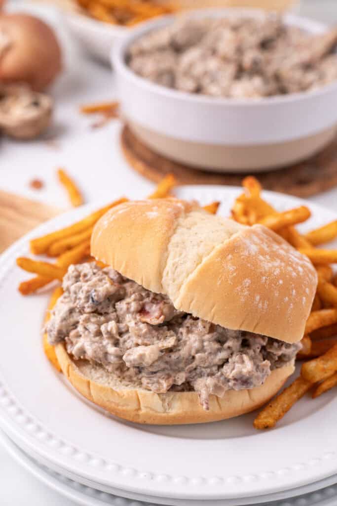 hamburger stroganoff sloppy joes on a bun with fries on a white plate with extra filling in a bowl in the background