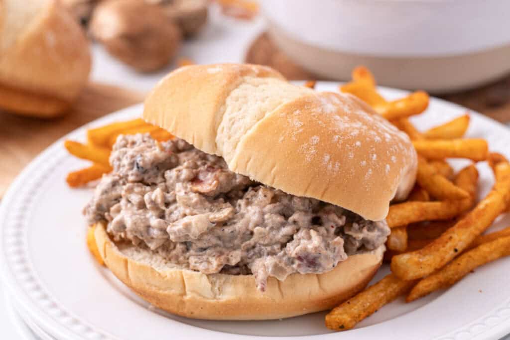 hamburger stroganoff sloppy joes on a bun served with fries on a white plate