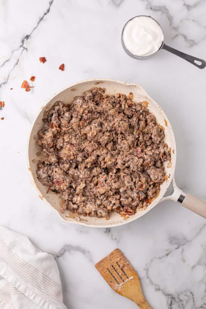 creamy beef mixture after soup is stirred in for hamburger stroganoff sloppy joes