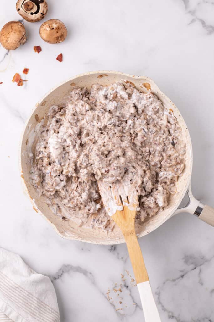 thick and creamy hamburger stroganoff sloppy joe filling in a skillet
