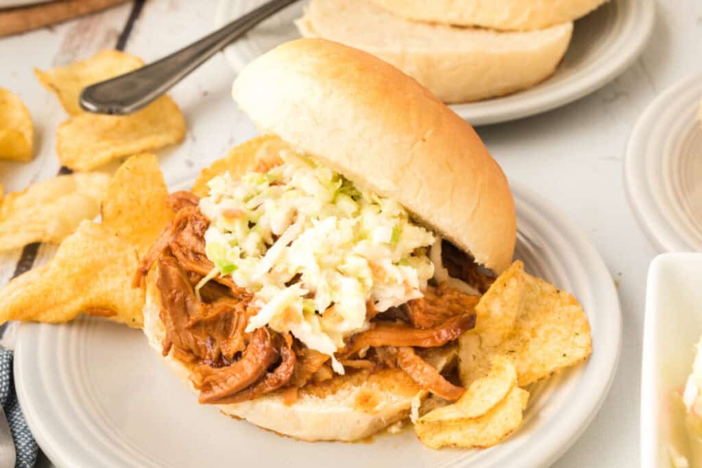 pulled pork sandwich with coleslaw on a homemade onion roll served with potato chips