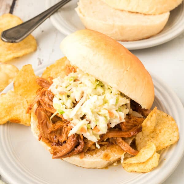 close up of pulled pork sandwich with coleslaw on a homemade onion roll