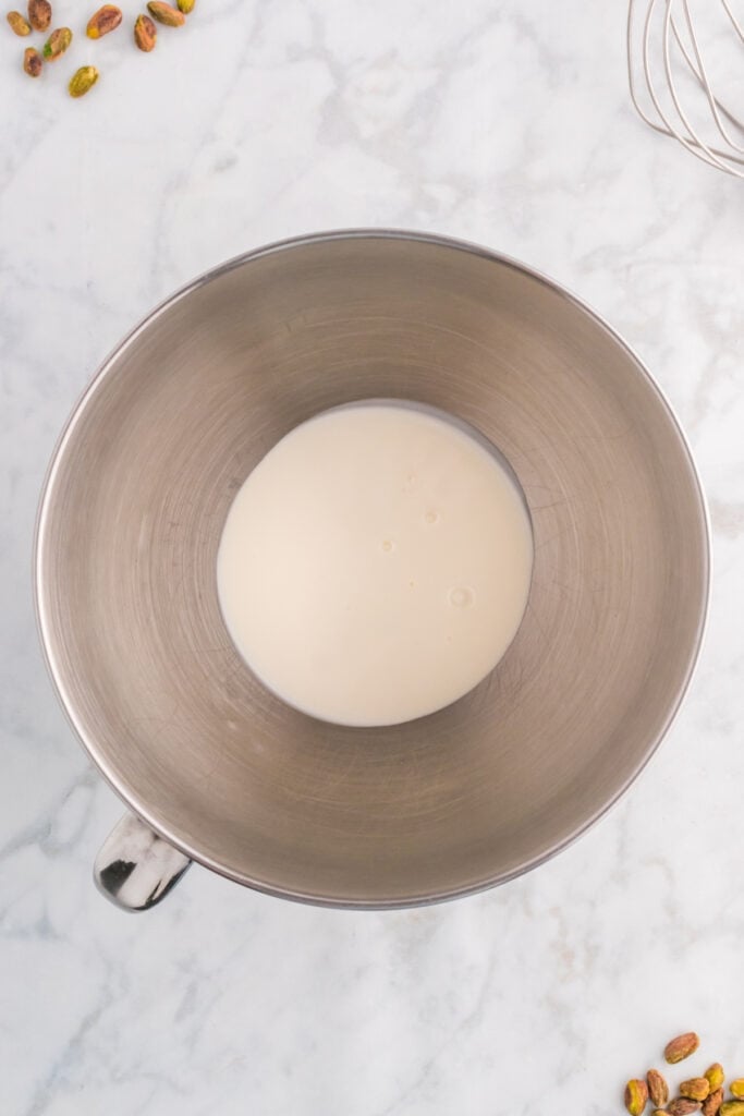 mixing bowl with milk ready for whipping cream
