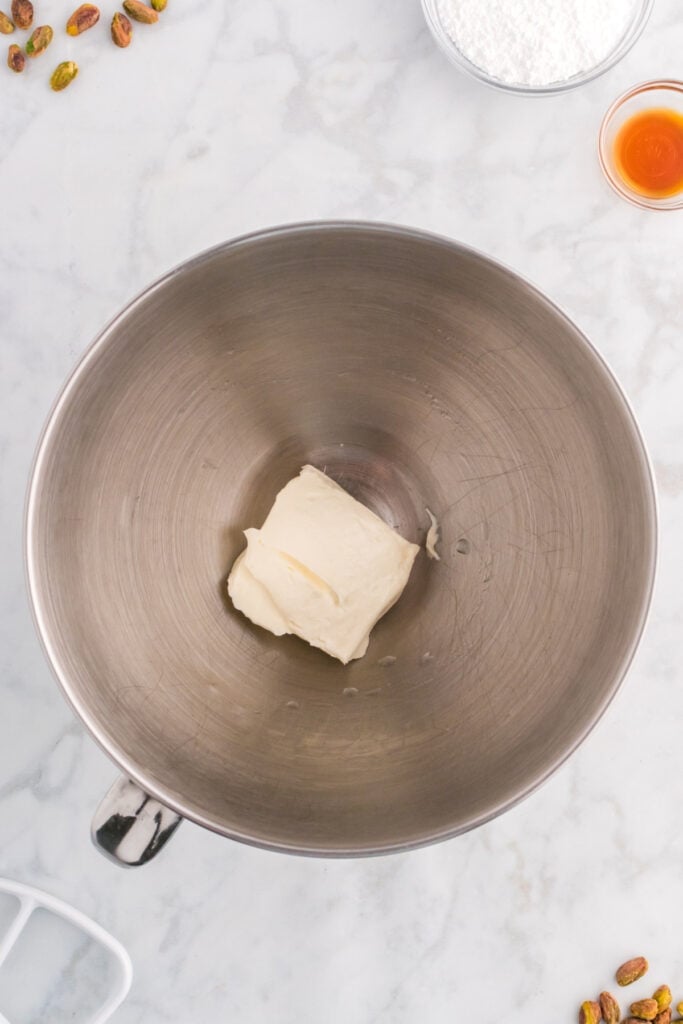 cream cheese in a mixing bowl before mixing