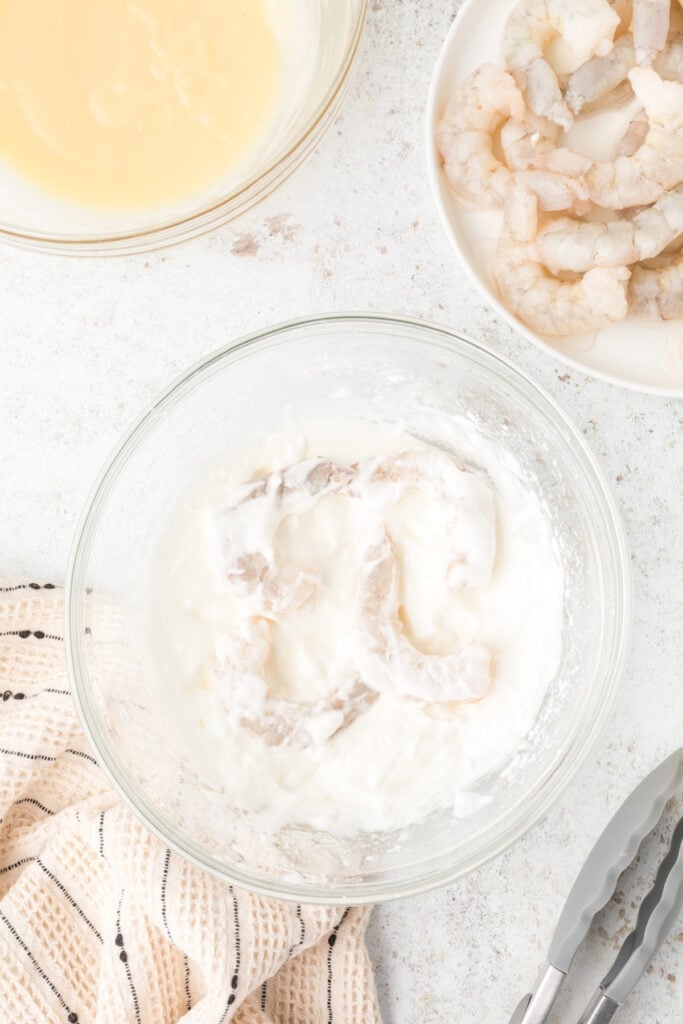 Raw shrimp coated in whipped egg white batter for crispy Honey Walnut Shrimp