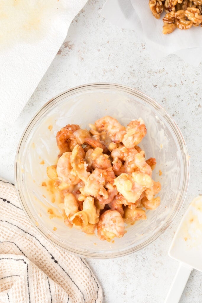 Fried shrimp tossed in creamy honey sauce for Honey Walnut Shrimp