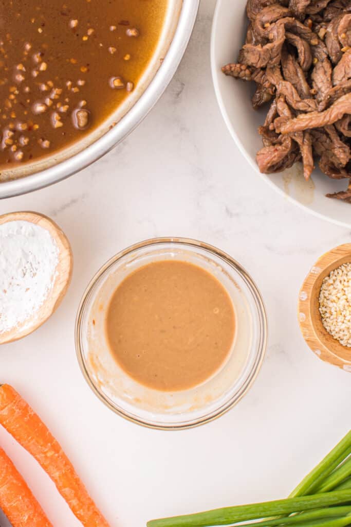 Cornstarch slurry mixed smooth for thickening Korean Beef Bulgogi sauce