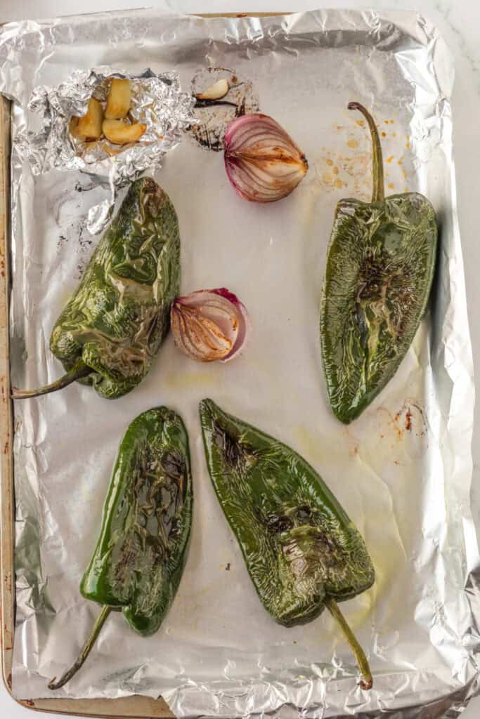 Roasted poblano peppers, garlic, and red onion for creamy Espagueti Verde sauce