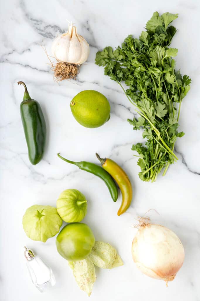 ingredients for Tomatillo Salsa including tomatillos, onion, garlic, jalapeño, serrano pepper, cilantro, lime, and salt on a marble surface