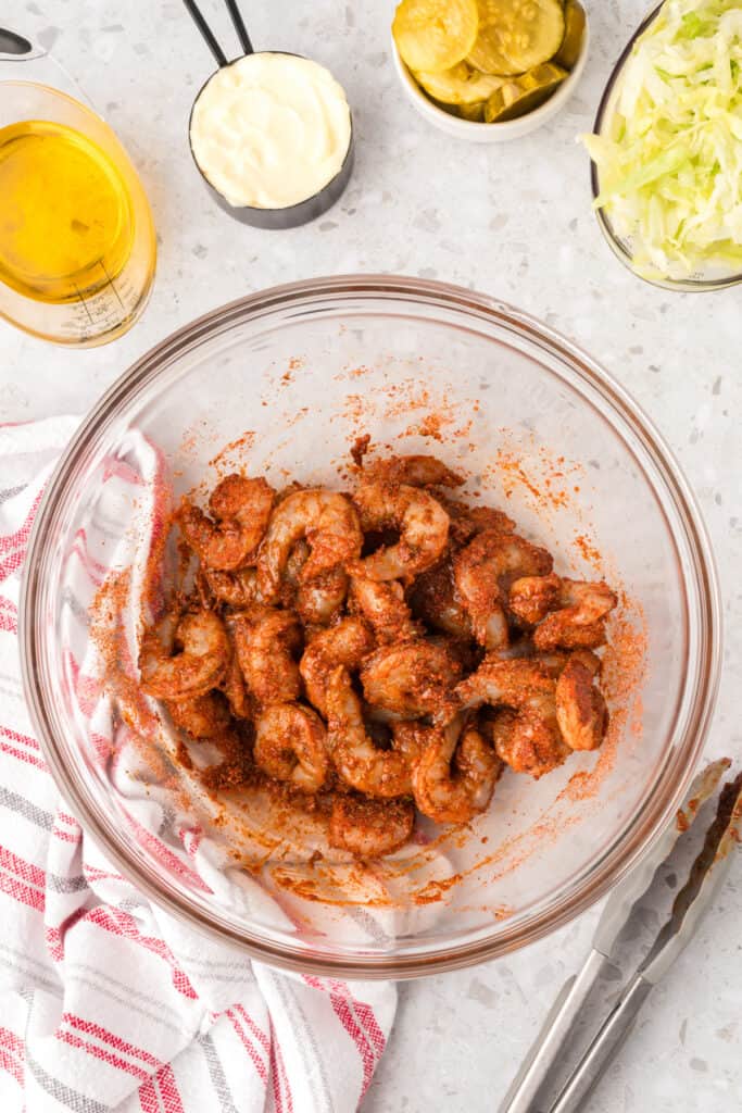 Seasoned shrimp ready for the skillet