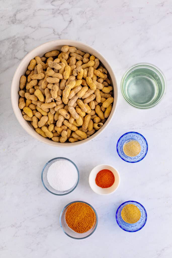 Ingredients for Creole Boiled Peanuts including raw peanuts, Creole seasoning, kosher salt, smoked paprika, garlic powder, onion powder, and water.