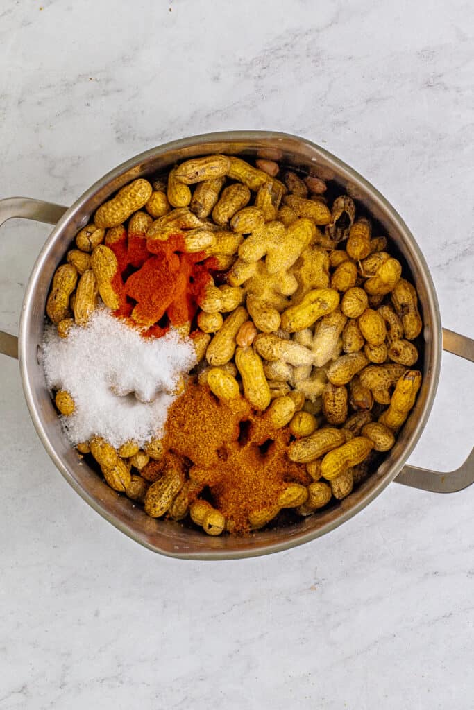 Raw peanuts topped with Creole seasoning, kosher salt, smoked paprika, garlic powder, and onion powder in a stockpot.