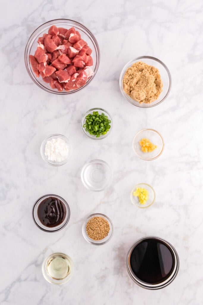 Mongolian Pork recipe ingredients measured and ready to cook