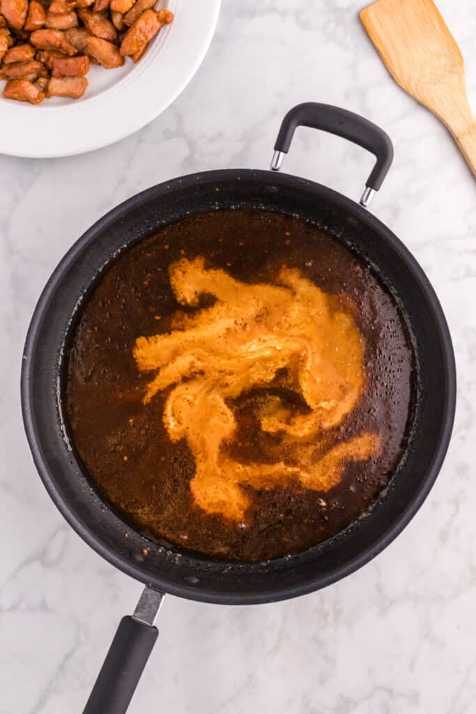 Cornstarch slurry stirred into the Mongolian Pork sauce to create a glossy finish