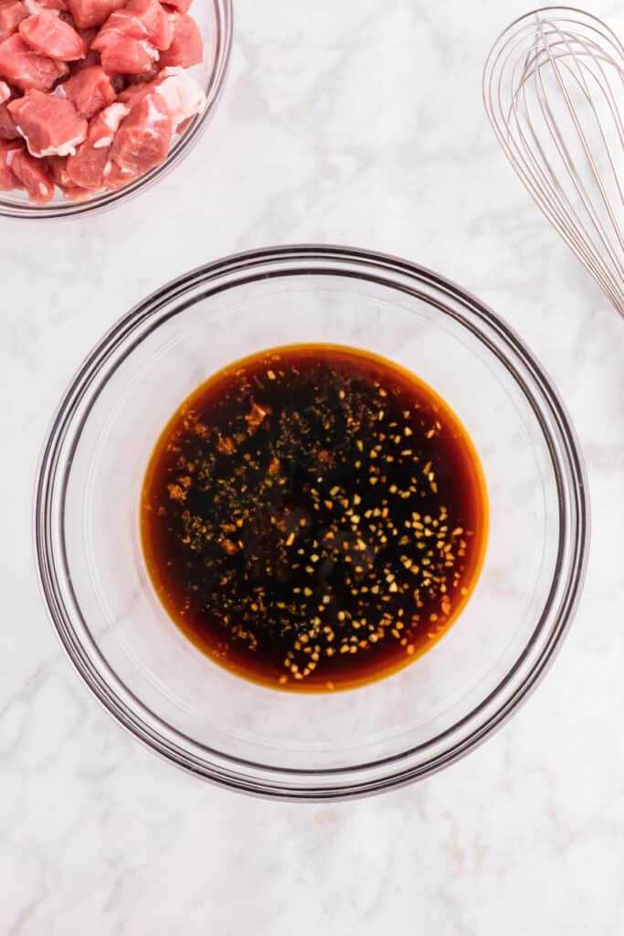 Soy sauce, hoisin, garlic, ginger, and brown sugar whisked together for Mongolian Pork marinade