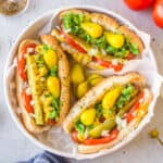 Authentic Chicago Hot Dogs loaded with classic Chicago-style toppings on poppy seed buns