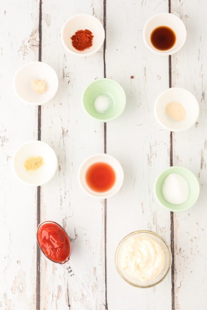 Ingredients measured and arranged for making homemade Fry Sauce.