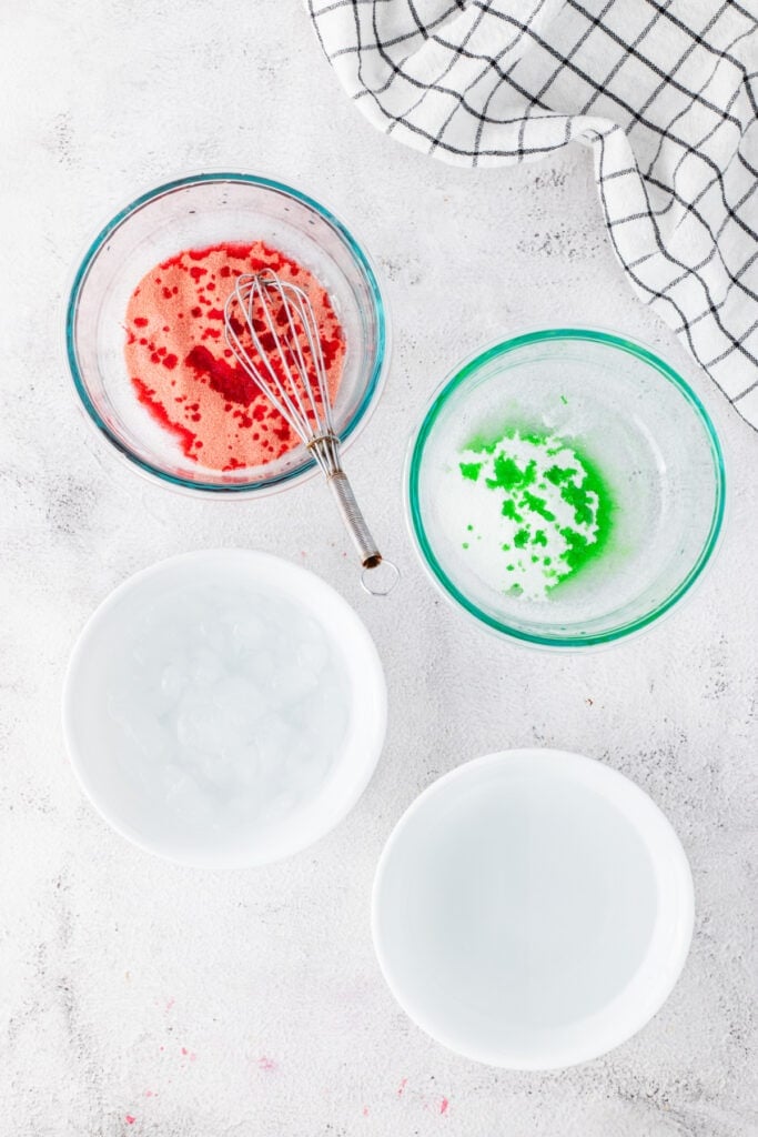 Raspberry and lime flavored gelatin being prepared for homemade Halo Halo.
