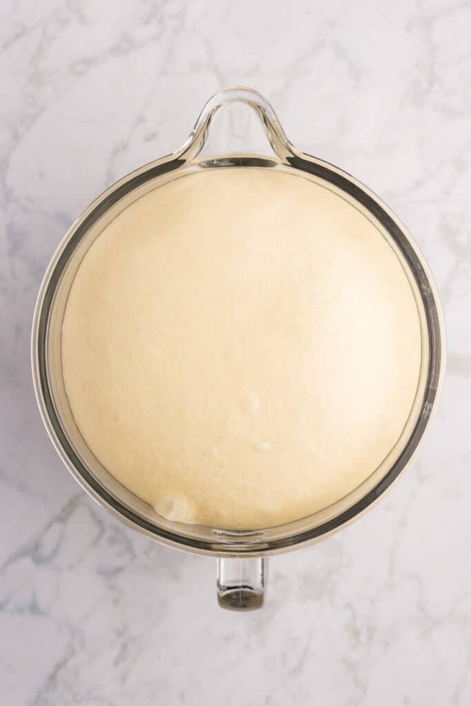 Homemade hamburger bun dough after doubling in size during the first rise