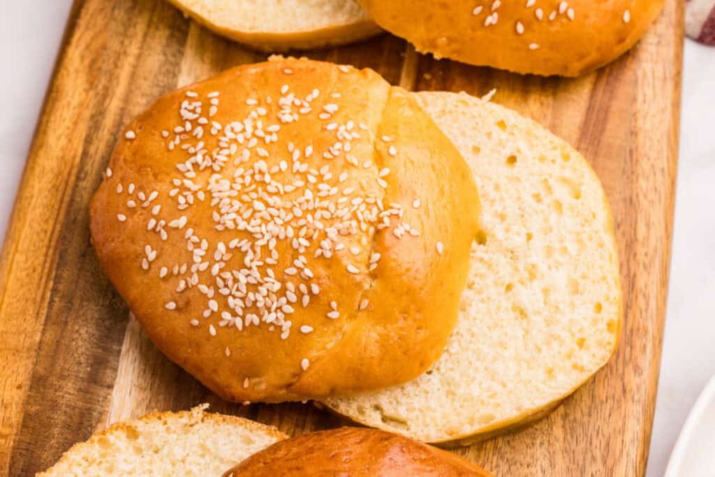 Close-up of the soft interior crumb of homemade hamburger buns