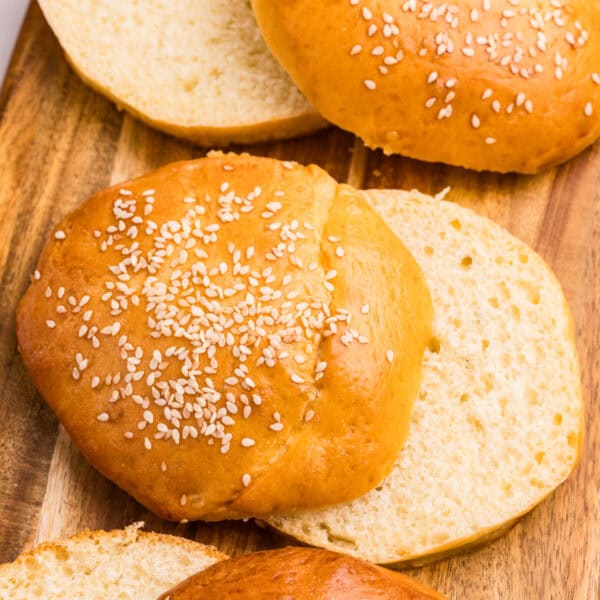 Homemade hamburger buns with sesame seeds ready for sandwiches and burgers