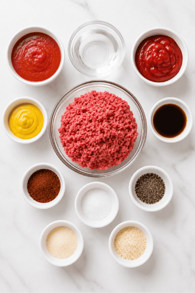 Ingredients for Slow Cooker Hot Dog Chili arranged on a countertop before cooking.