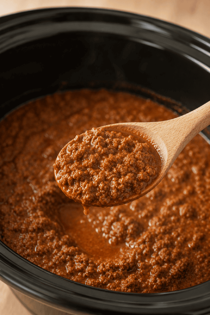 Spoon lifting Slow Cooker Hot Dog Chili from the crockpot, showing the fine meat texture.