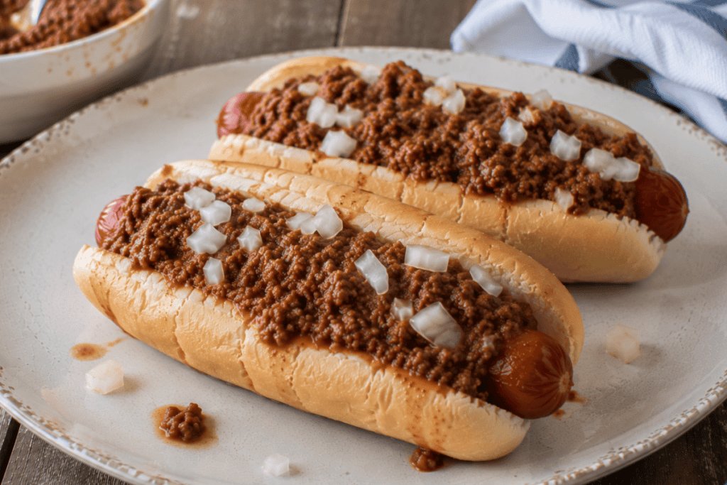 Slow Cooker Hot Dog Chili served on a hot dog with diced onions for an easy homemade chili