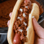 slow cooker hot dog chili pin collage 2