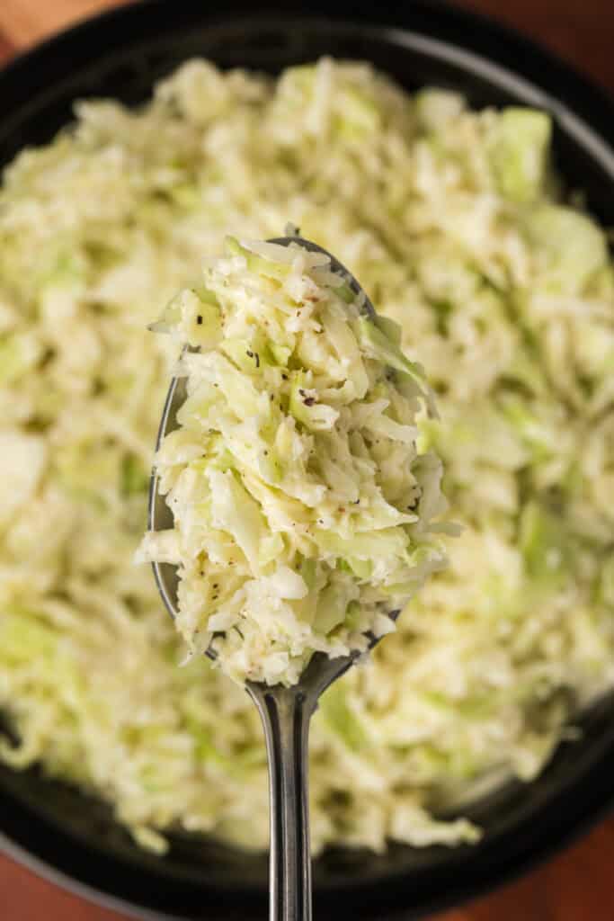 Close-up of creamy Southern-Style Slaw on a spoon highlighting the crisp cabbage texture.