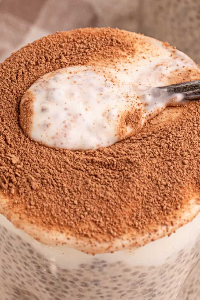Spoonful of creamy Tiramisu Chia Pudding with a rich cocoa topping