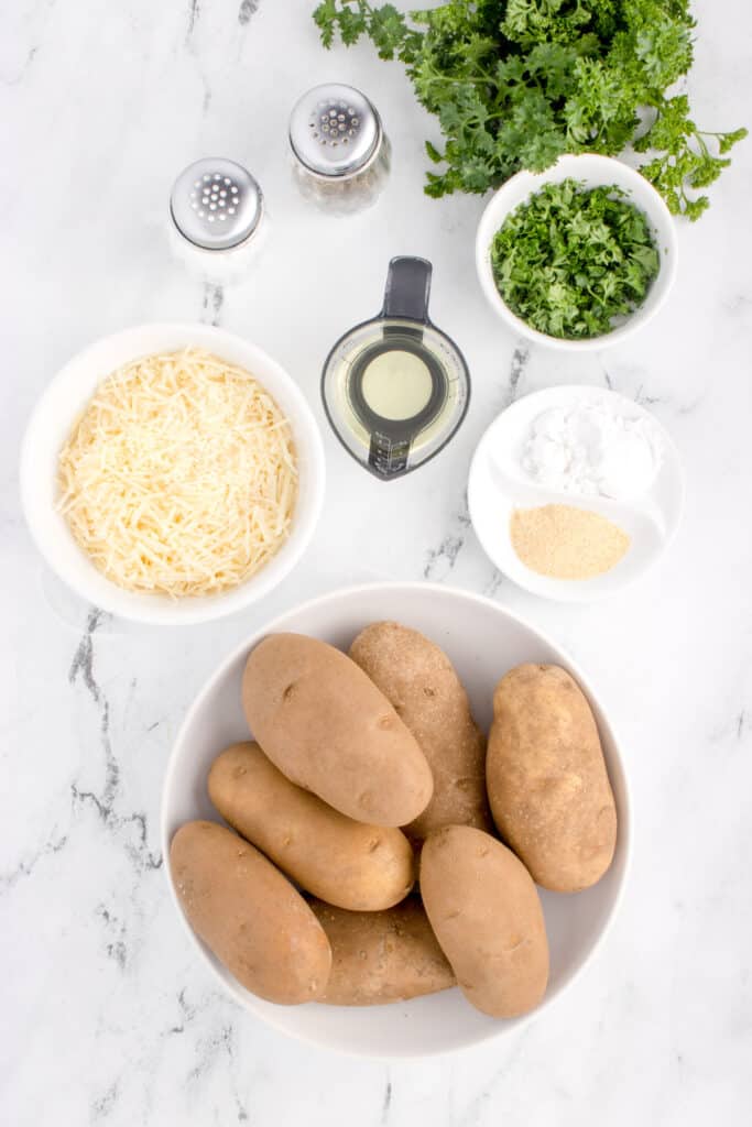 Ingredients for homemade Air Fryer French Fries including russet potatoes, oil, cornstarch, seasonings, Parmesan, and parsley