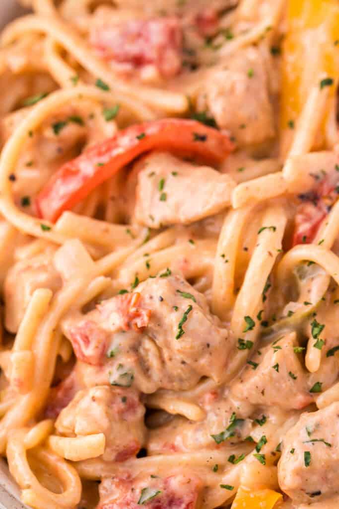 Close-up of creamy Cajun Chicken Pasta with tender chicken, linguine, tomatoes, bell peppers, and parsley