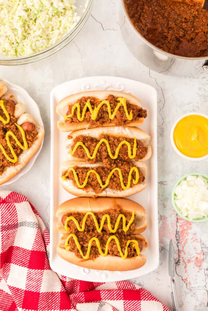 Carolina hot dogs topped with homemade hot dog chili and yellow mustard.