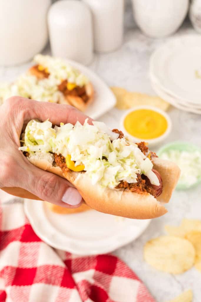 Hand holding a fully loaded Carolina Dog topped with chili, mustard, creamy slaw, and chopped onions.