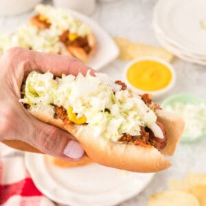 Square image of a hand holding a Carolina Dog loaded with hot dog chili, creamy slaw, mustard, and chopped onions.