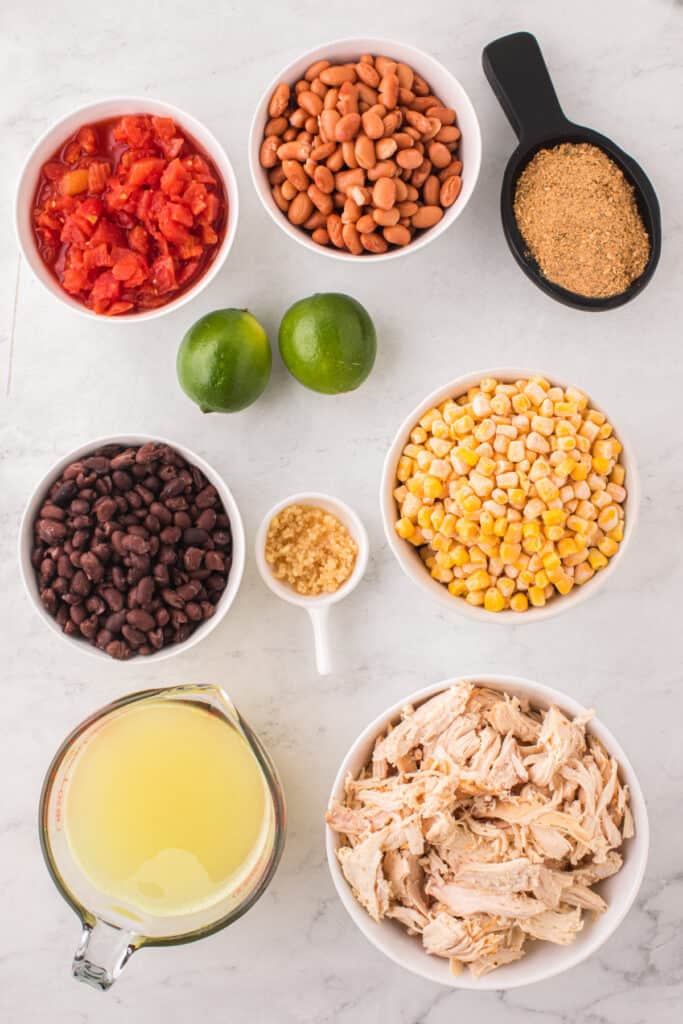 Ingredients for Chicken Taco Soup including shredded chicken, beans, corn, tomatoes, lime, broth, garlic, and taco seasoning.