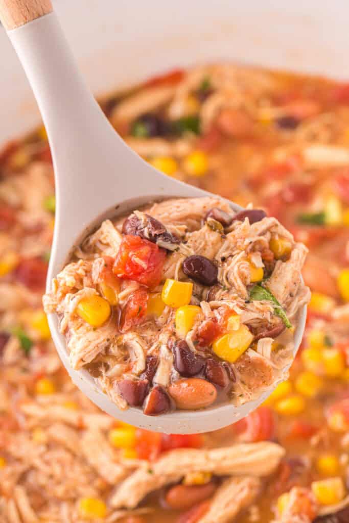 Ladle filled with Chicken Taco Soup showing shredded chicken, beans, corn, tomatoes, and cilantro.